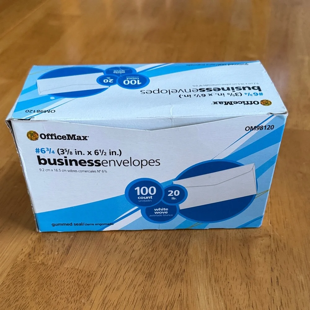 New Full Box OfficeMax Business Envelopes 100 Count